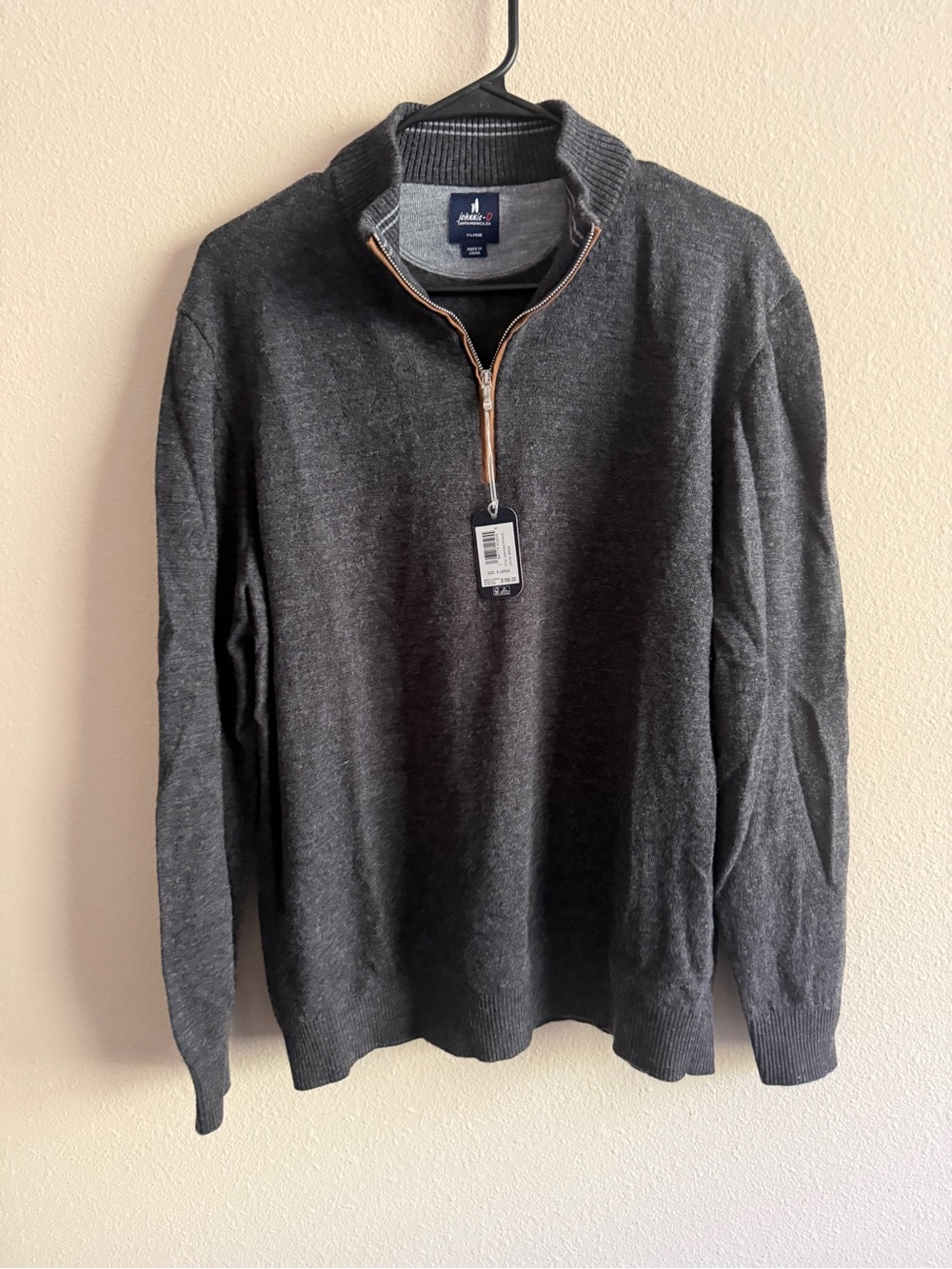 johnnie-O Charcoal Gray Quarter-Zip Sweater with Tan Trim